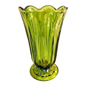 Vintage Avocado Green Footed Glass Bouquet Vase with Scalloped Rim.
